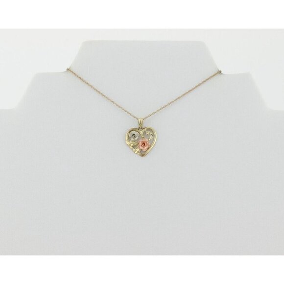 10K Yellow Gold White Gold and Rose Gold Heart Flower Necklace 18" Chain - Picture 7 of 8